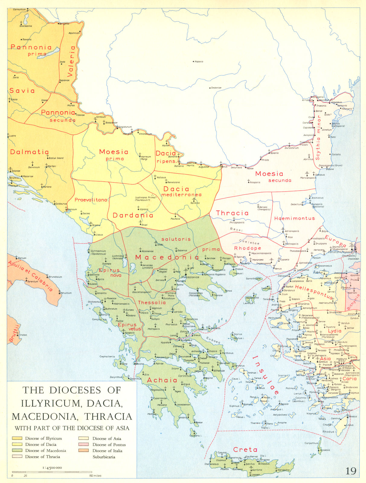 CHRISTIANITY.Dioceses of Illyricum,Dacia,Macedonia,Thracia Asia 1958 old map
